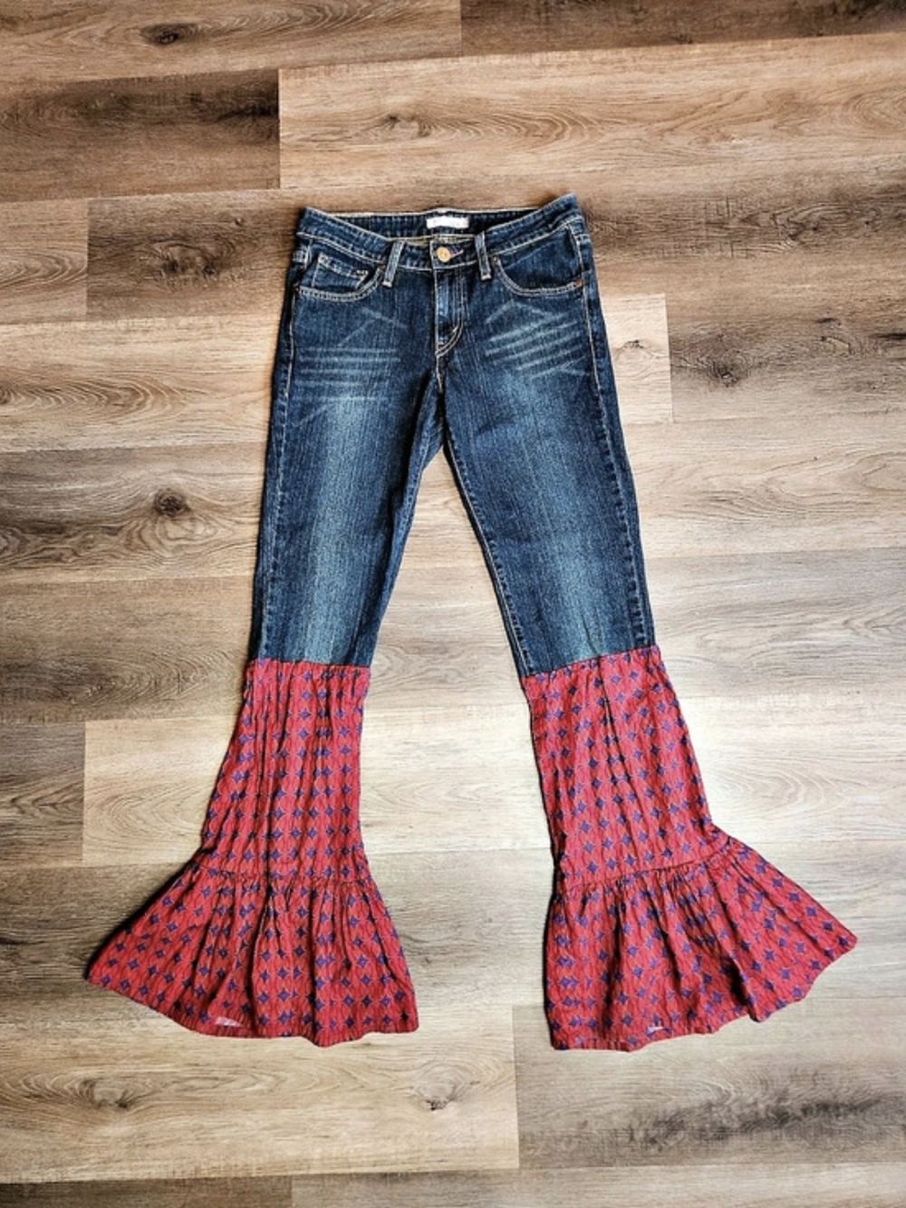 Levi's Upcycled Flare Jeans in Blue & Red Size 5 Hobo Costume